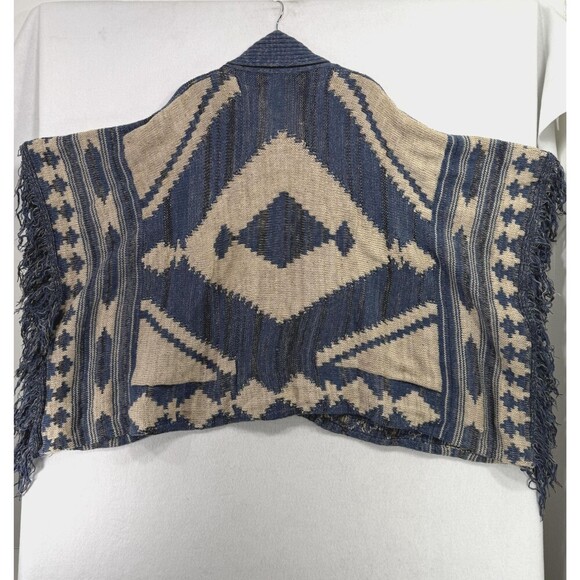 Lauren Ralph Lauren Poncho Cardigan Women L Blue Beige Wool Linen Southwestern - Picture 7 of 15
